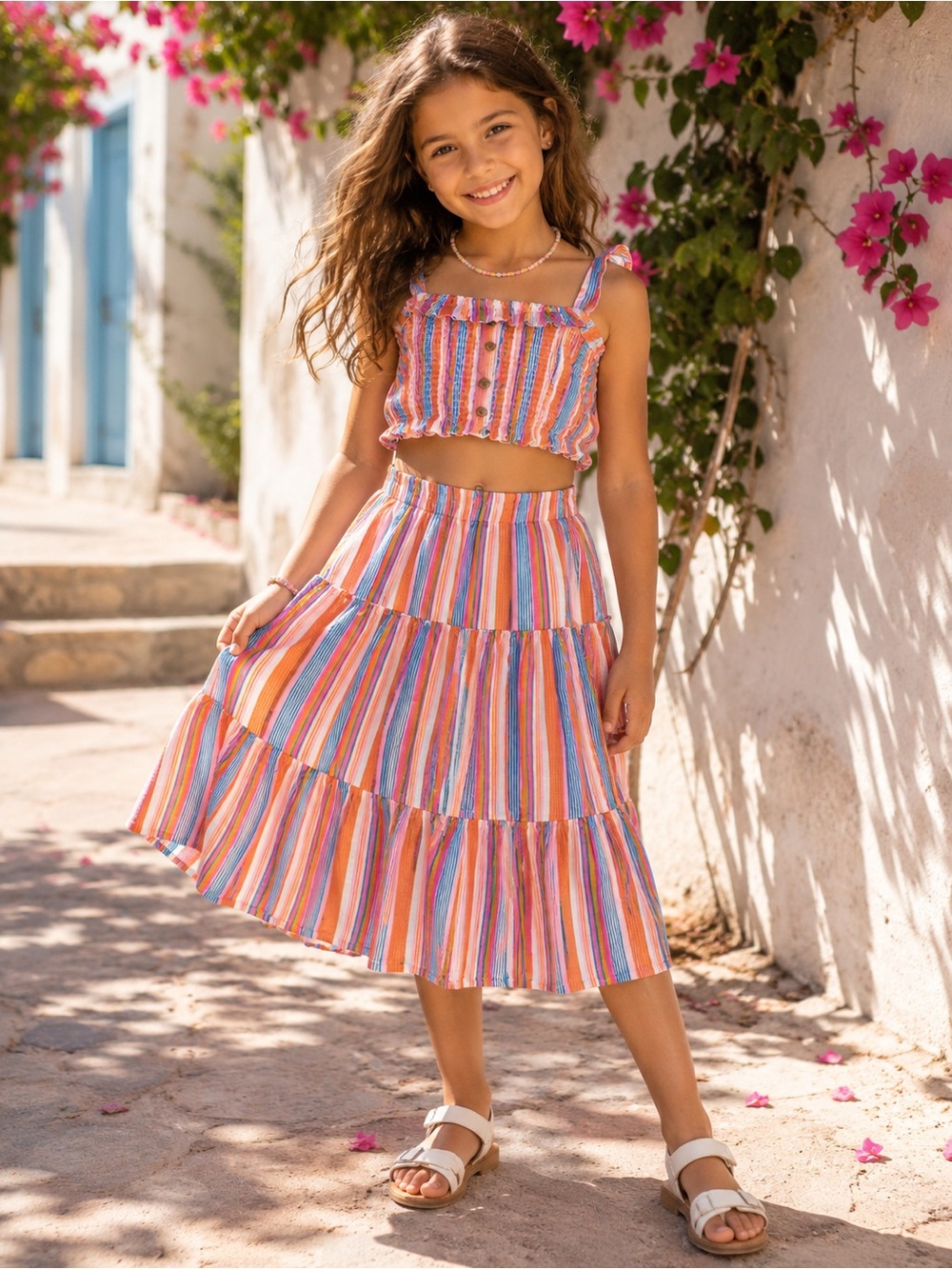 Japna Girls Multicolor Striped Skirt Set